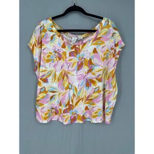 Joie Top Womens XL Colorful Linen Floral Boxy Tee Pink Beachy Boho Tropical